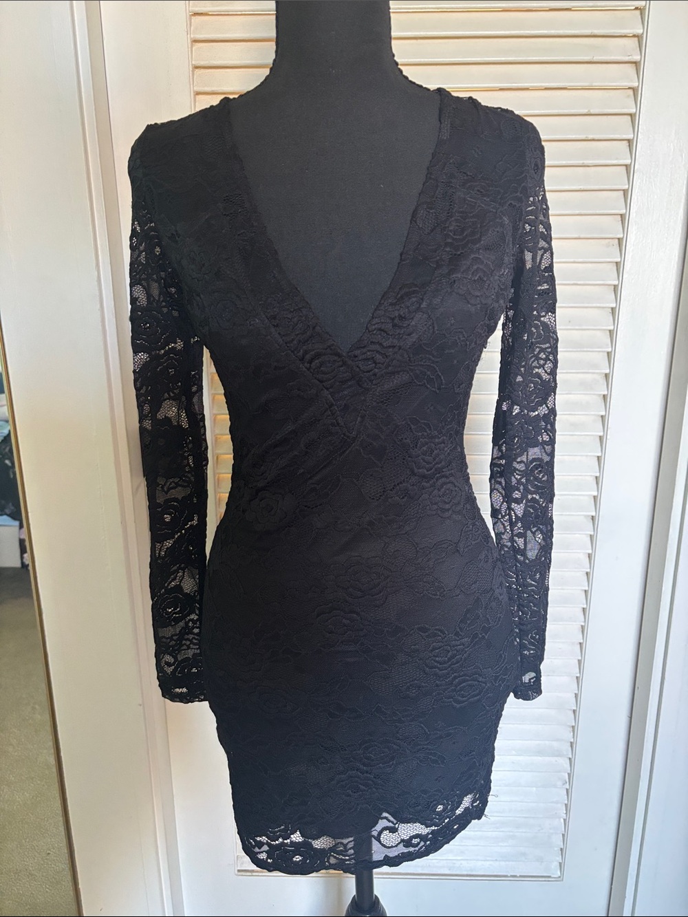 Tobi Black Lace Long Sleeve V-Neck Mini Dress